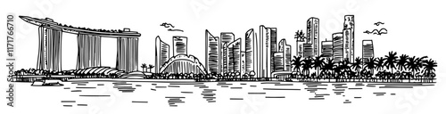 Modern skyscrapers in Singapore with the Marina Bay Gardens doodle hatching vector sketch