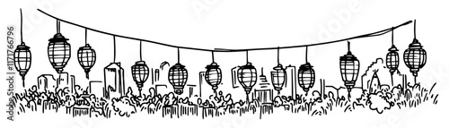 bustling market in Bangkok full of lanterns doodle hatching vector sketch