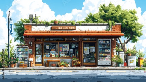 Charming Countryside Convenience Store Amidst Lush Greenery and Blue Skies, Illustrating Rural Tokyo Vibes and Everyday Japanese Culture in a Picturesque Setting.