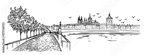 Charles Bridge in Prague at dawn doodle hatching vector sketch