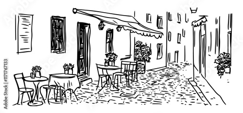 small alley in Lviv’s Old Town with cozy cafes doodle hatching vector sketch doodle hatching vector sketch