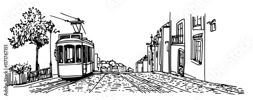 view from a tram on the cobbled streets of Lisbon doodle hatching vector sketch