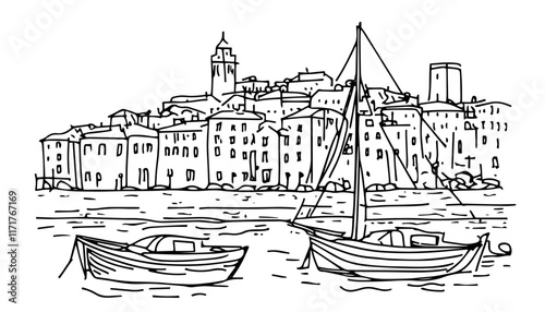 old port in Marseille with moored boats doodle hatching vector sketch