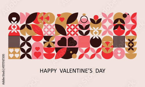 Geometric trendy Valentine's day greeting card. Abstract mosaic poster, banner with symbols of love in pink colors. Vector