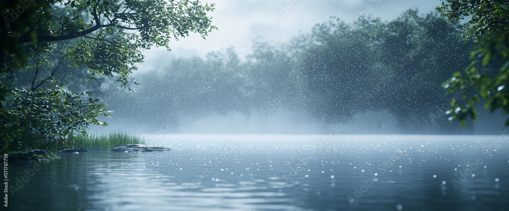 Fototapeta premium Rainy lake scene with misty forest background.