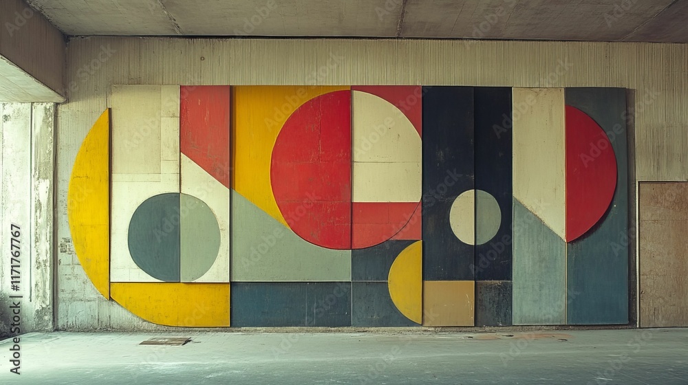 Naklejka premium Geometric mural, colorful shapes, concrete room.