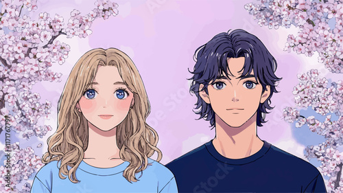 Young couple enjoying cherry blossoms and soap bubbles in springtime