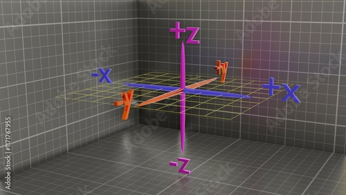 3d xyz axis.  X, Y, Z coordinates defining 3d space. 3d render illustration.