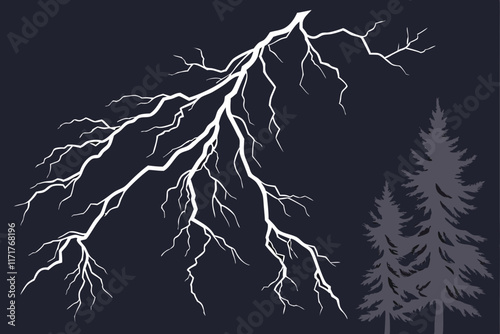 Lightning strike bolt silhouettes sequence vector illustration. Black thunderbolts and zippers are natural phenomena isolated on a dark background. Thunderstorm electric effect of light shining flash.