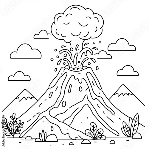 Line drawing of an erupting volcano with surrounding mountains and clouds.