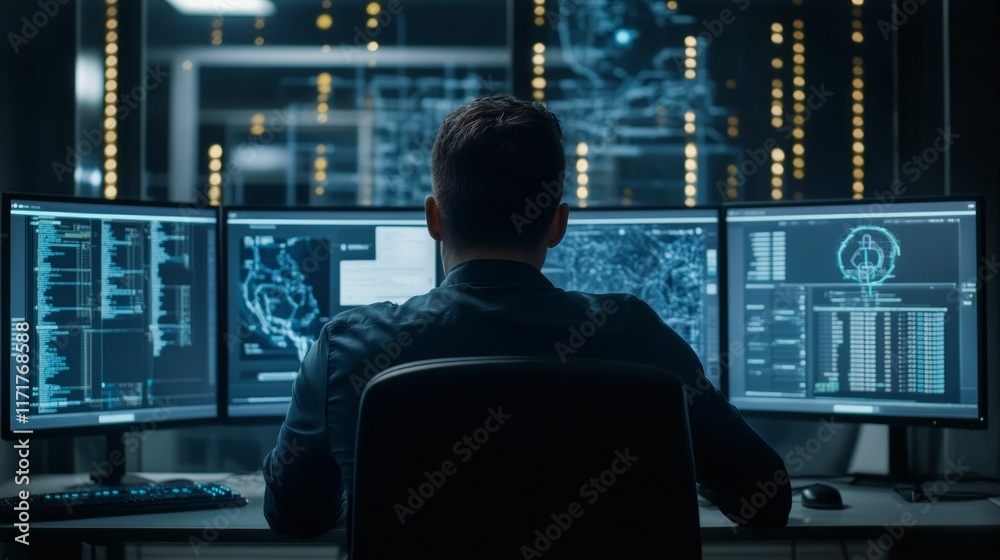 Person viewing data on multiple screens. Person viewing data on multiple screens.