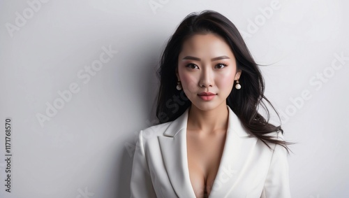 Portrait photo of pretty attractive and beautiful asian businesswoman on white background