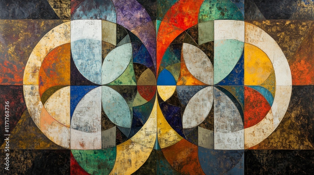 Fototapeta premium Abstract painting; colorful geometric shapes; textured surface.