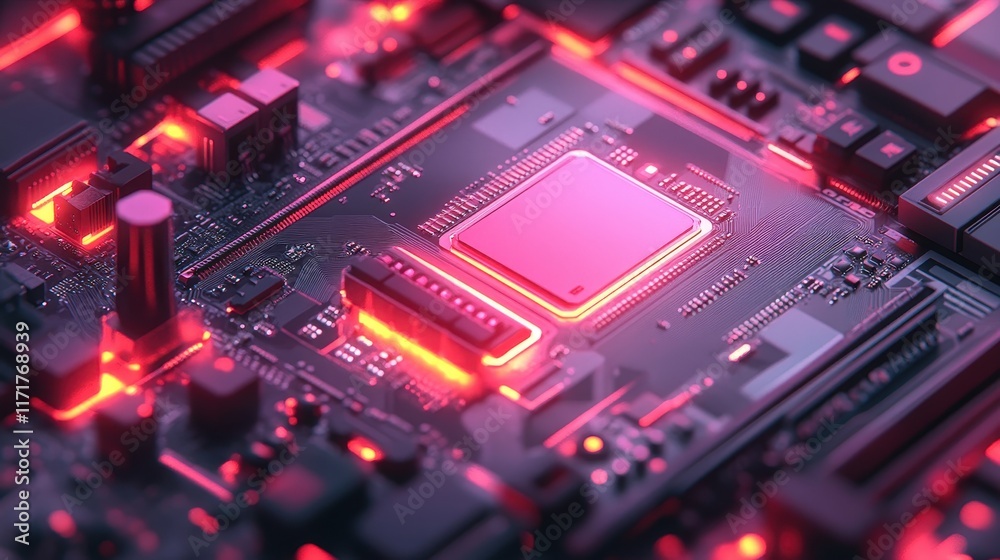 Close-up of an illuminated circuit board, featuring a prominent microprocessor, with glowing red LED lights and intricate electronic components in a technology setting Close-up of an illuminated circuit board, featuring a prominent microprocessor, with glowing red LED lights and intricate electronic components in a technology setting