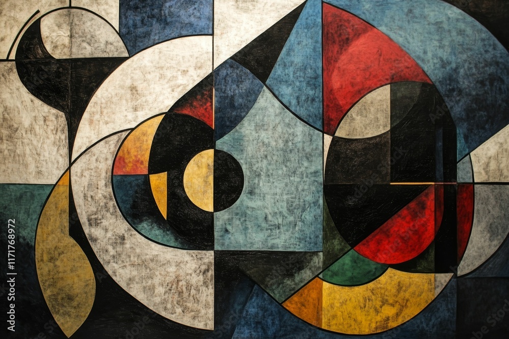 Fototapeta premium Abstract geometric painting; muted colors, curved lines.