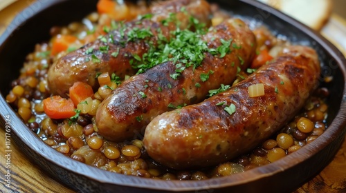Close-up of a rustic dish: lentils cooked with sausage and garnished with parsley.
