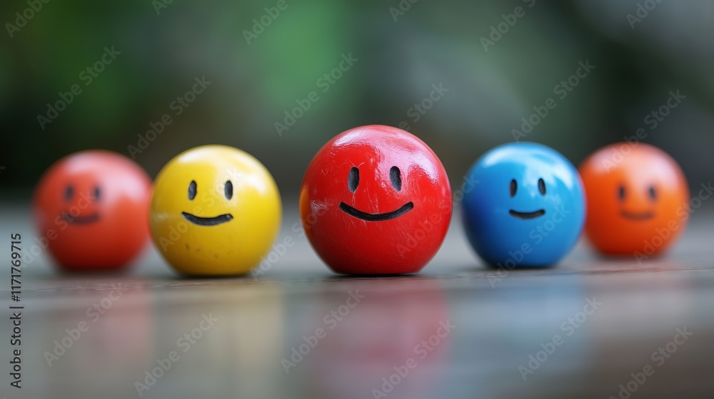A row of colorful smileys, each with a different color and a simple, happy expression. A row of colorful smileys, each with a different color and a simple, happy expression.