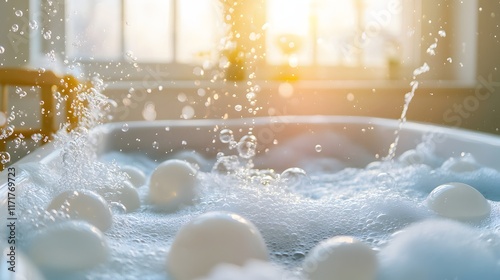 Soothing bubble bath scene with soft foam and tranquil atmosphere. Self-pampering and serene escapes photo