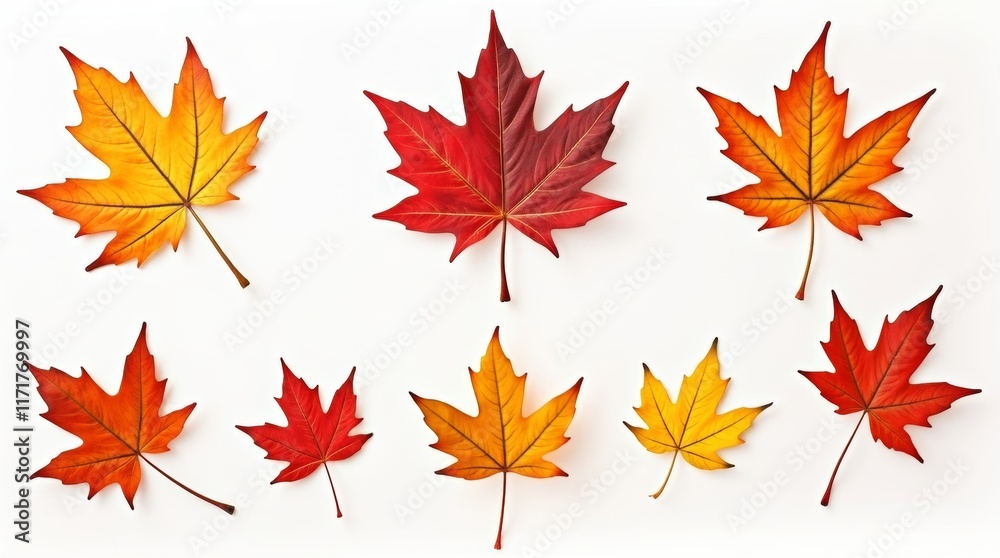A collection of maple leaves in various colors and styles, with natural backgrounds, isolated on a white background A collection of maple leaves in various colors and styles, with natural backgrounds, isolated on a white background