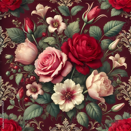 Vintage Floral Pattern with Red and Pink Roses on Burgundy Background photo