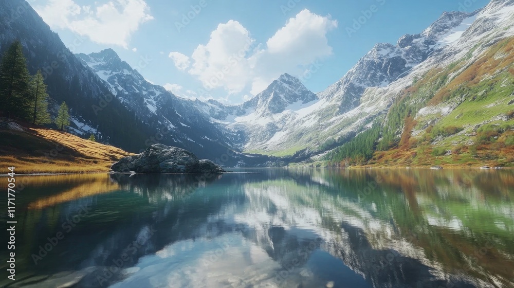 A stunning panoramic view of a crystal-clear lake surrounded by majestic snow-capped mountains, reflecting the beauty of nature in its calm waters A stunning panoramic view of a crystal-clear lake surrounded by majestic snow-capped mountains, reflecting the beauty of nature in its calm waters