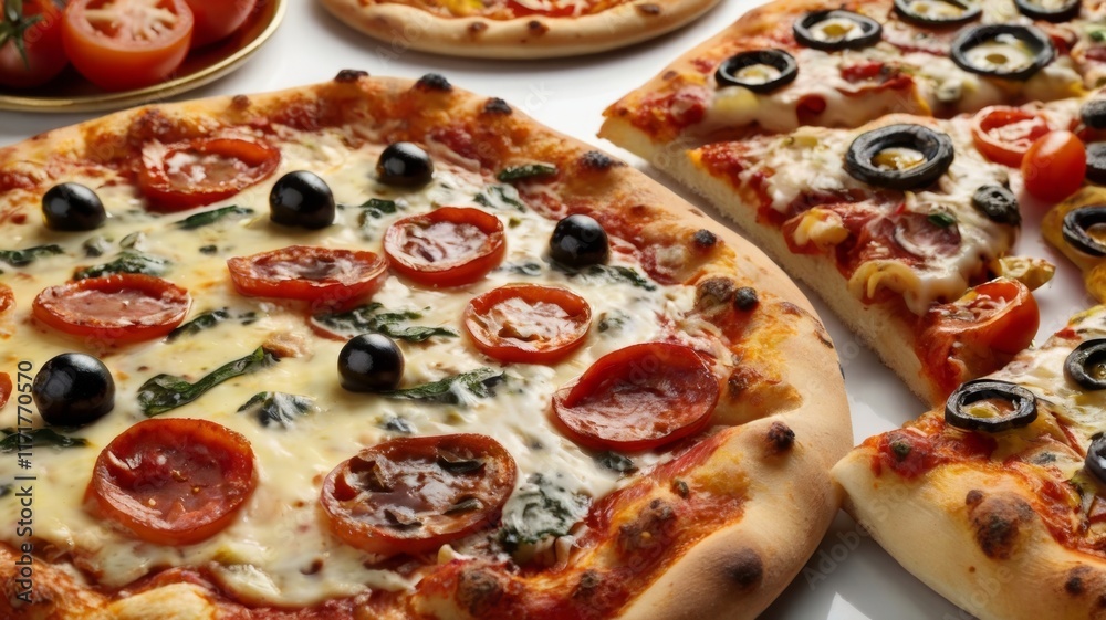 A collection of gourmet pizzas in various styles and toppings, with mouth-watering textures and vibrant colors, isolated on a white background A collection of gourmet pizzas in various styles and toppings, with mouth-watering textures and vibrant colors, isolated on a white background