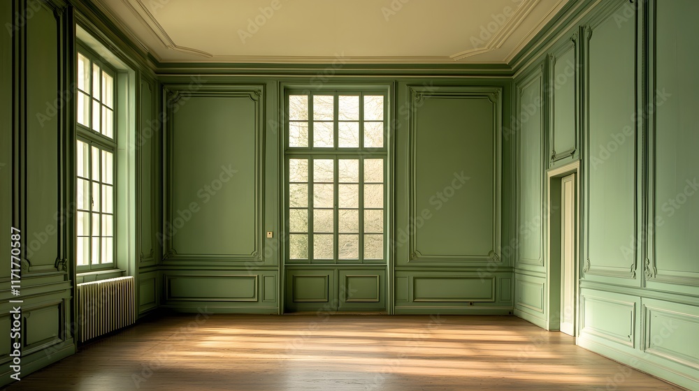 Obraz premium 格調高い緑の壁と大きな窓のあるクラシックな広間