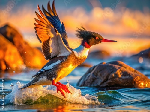 A red-breasted merganser launches from the shore, a stunning wildlife moment captured. photo