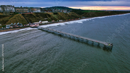 Aerial Photograph of Pier, Coastal Town, and Ocean in Saltburn by the Sea photo