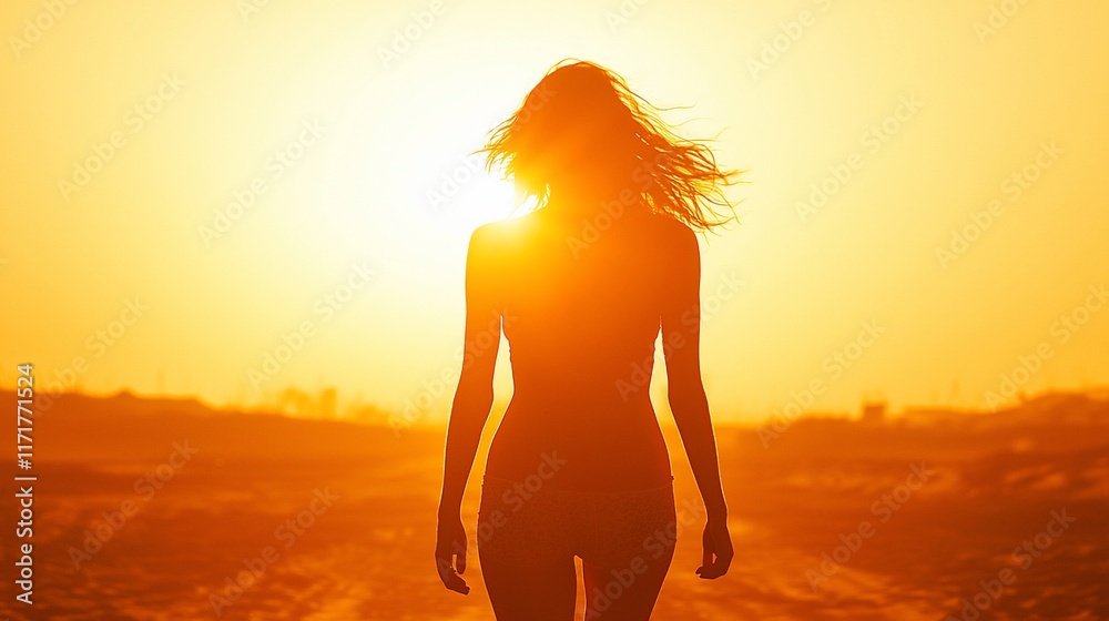 Woman silhouette walking into sunset. Woman silhouette walking into sunset.