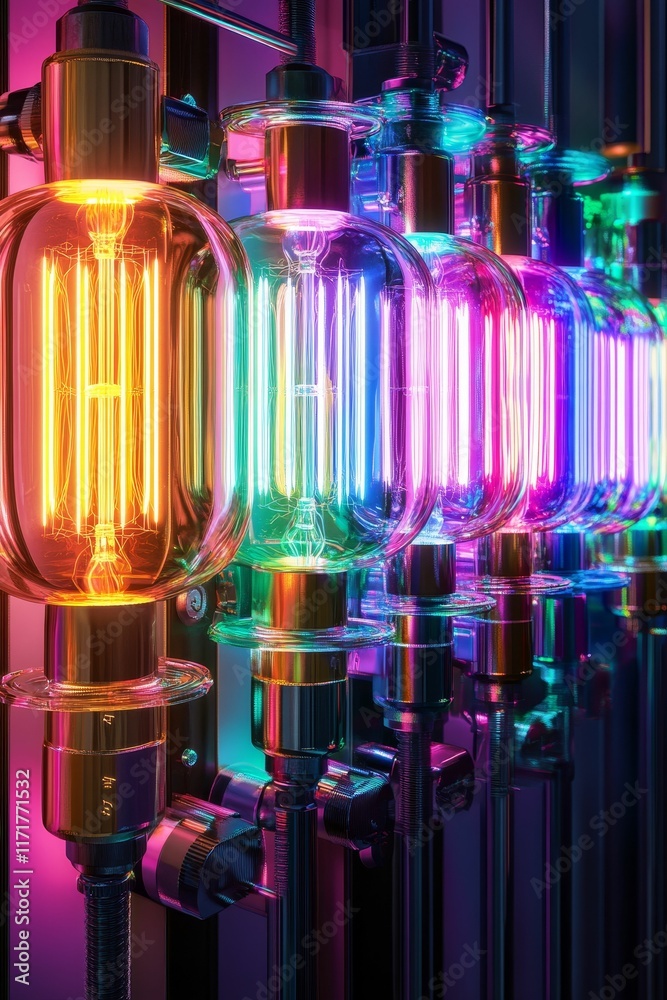 Neon-lit glass bulbs in metallic framework. Neon-lit glass bulbs in metallic framework.