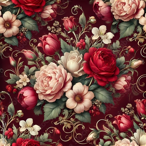 Vintage Floral Pattern with Red and Pink Roses on Burgundy Background photo