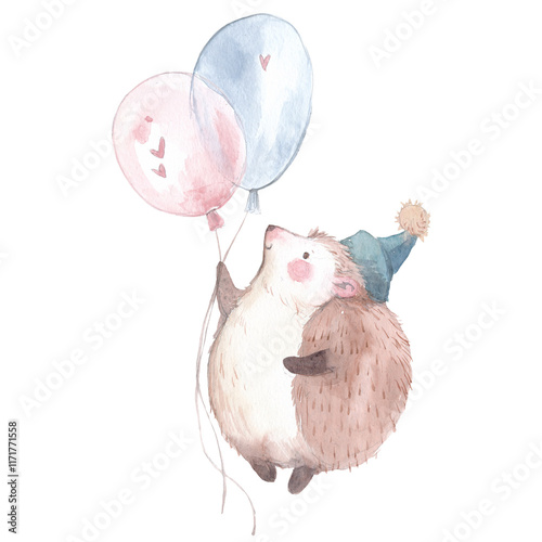 Watercolor illustration of a cute hedgehog flying on balloons on a transparent background