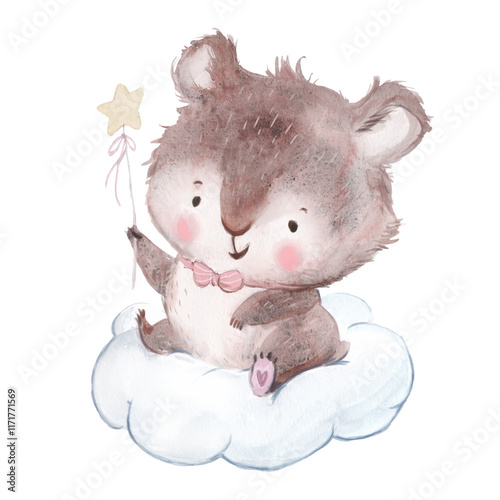 Watercolor illustration of a cute little bear sitting on a cloud on a transparent background