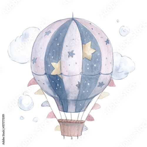 Watercolor illustration of a hot air balloon in a childish style on a transparent background