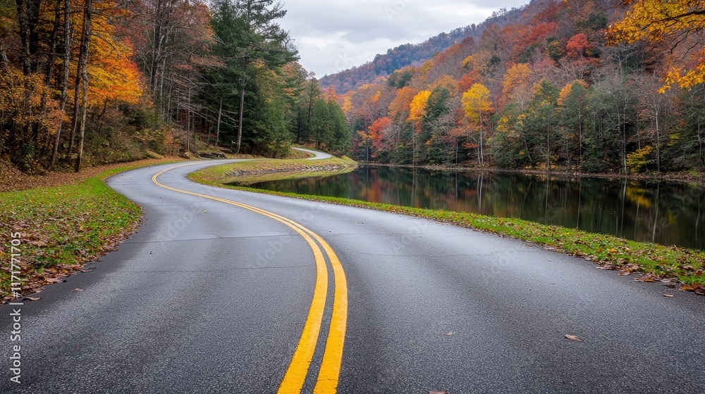 Winding Road Turning into River with Tree Lined Sides Winding Road Turning into River with Tree Lined Sides