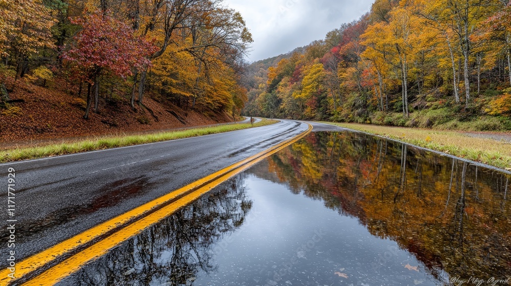 Fototapeta premium Winding Road Turning into River with Tree Lined Sides