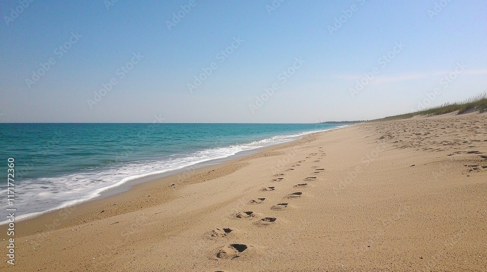 Tranquil beach scene with footprints leading to the ocean. Tranquil beach scene with footprints leading to the ocean.