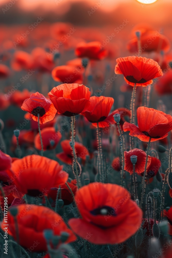 Obraz premium Red poppies bloom in a field under a glowing sunset. Concept captures nature's beauty and tranquility. For floral-themed photography displays.