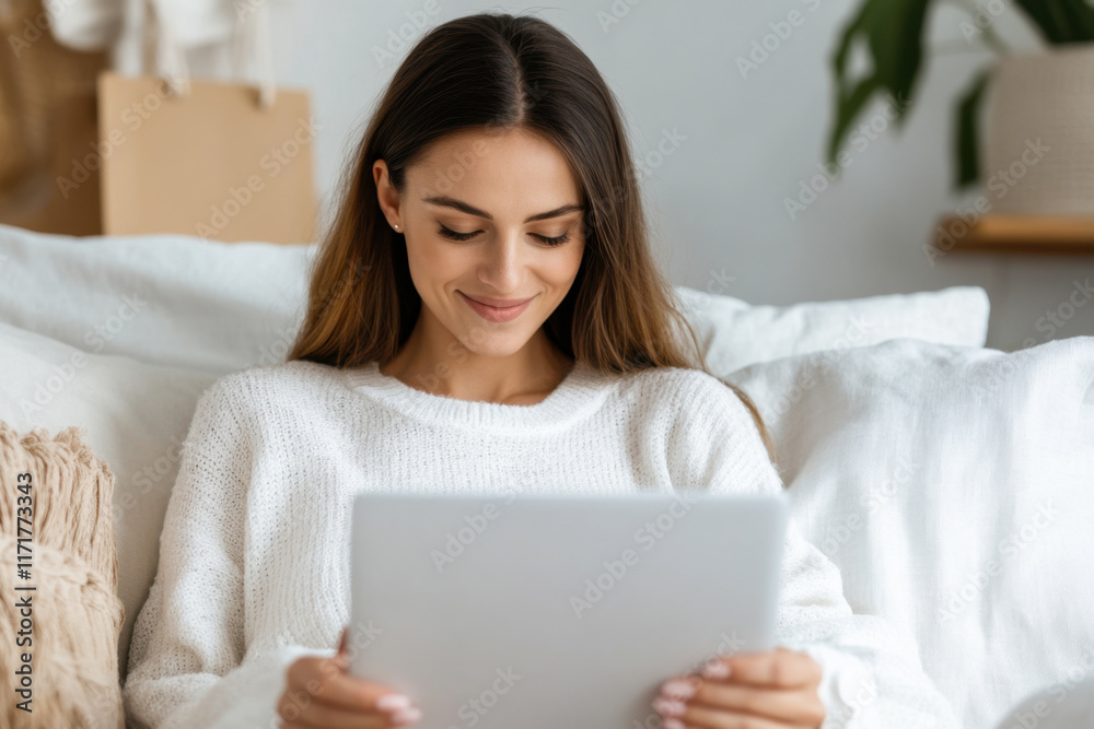 Smiling young woman sitting on couch using tablet computer, looking at screen enjoying online shopping, watching video, making video call, communicate with people, reading good news Smiling young woman sitting on couch using tablet computer, looking at screen enjoying online shopping, watching video, making video call, communicate with people, reading good news