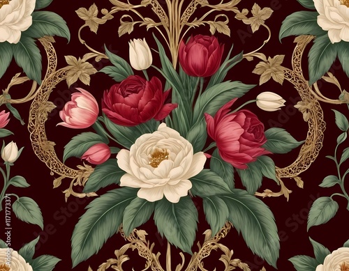 Vintage Floral Pattern with Red and Pink Roses on Burgundy Background photo