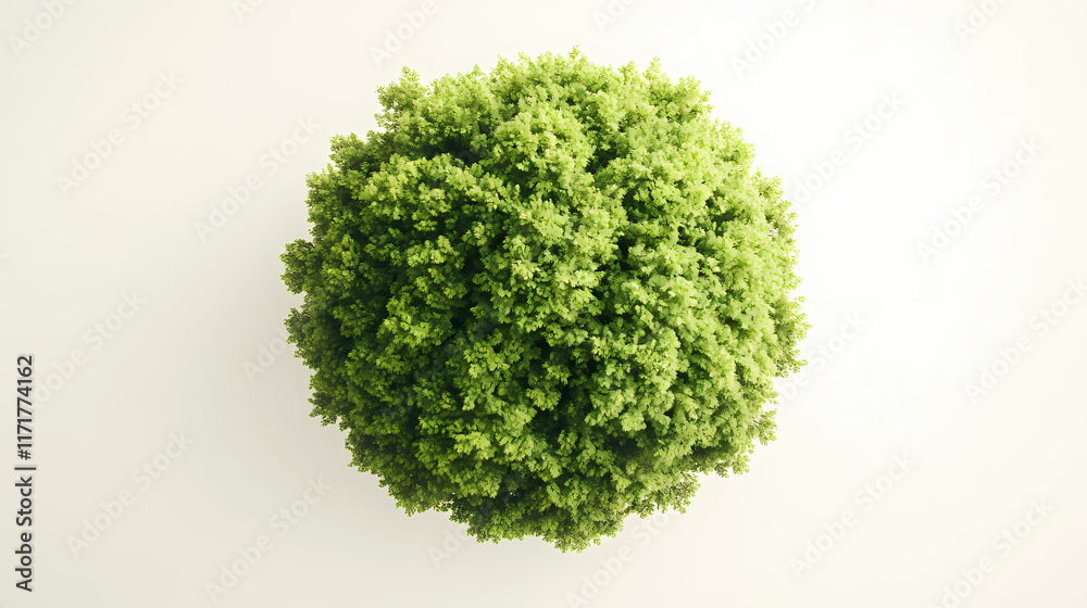 Fototapeta premium A highly detailed top-down view of a lush green tree against a plain light background, focusing on the circular crown of the tree and its natural texture. Treetop. Illustration