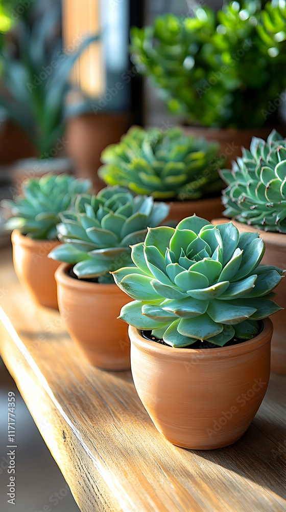 Close-up of several succulents in terracotta pots on a wooden shelf. Close-up of several succulents in terracotta pots on a wooden shelf.