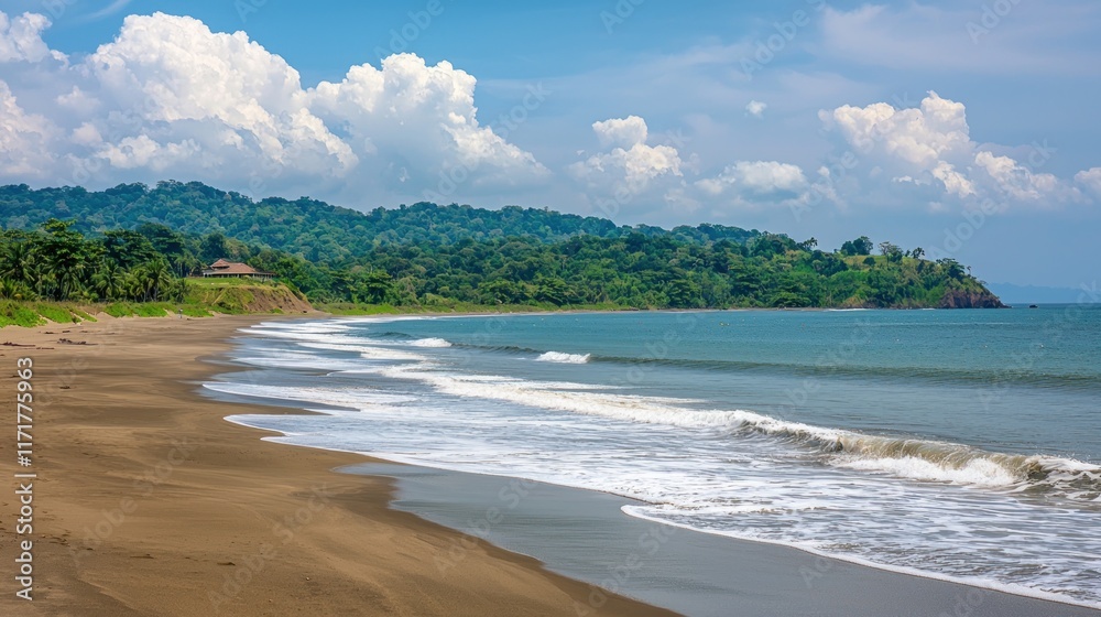 Serene beach scene with gentle waves and lush green hills. Serene beach scene with gentle waves and lush green hills.