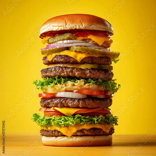 Huge stack of tasty burgers making a big tower on yellow background photo