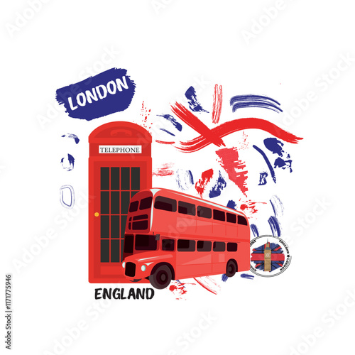 big ben and London phone box with england flag t shirt design and logo 