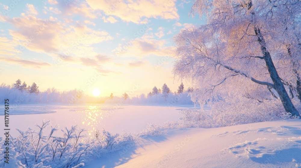 A breathtaking view of a snow-covered landscape at dawn, with the sky painted in soft pastels and the ground sparkling with frost. 8K. A breathtaking view of a snow-covered landscape at dawn, with the sky painted in soft pastels and the ground sparkling with frost. 8K.