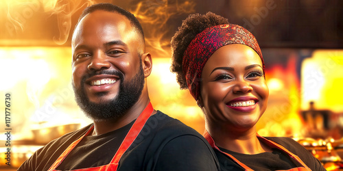 Smiling chefs (man and woman) in kitchen with warm lighting and red aprons