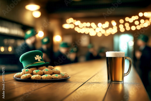 St. patrick's day celebration in a cozy pub with festive hat and beer