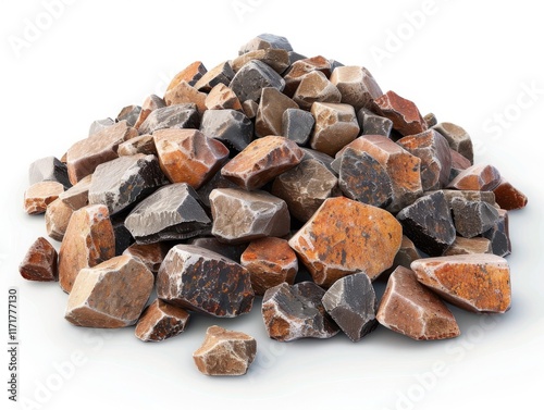 A pile of colorful, rough-cut stones sits on a white surface. Concept of natural materials and geology. For construction material promotion. photo